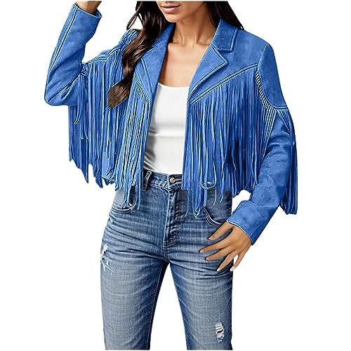 Damen Jacke mit Quasten Kunstleder Herbstjacke Strickjacke Mantel Faux Fransen Lederjacke Motorrad Kurzmäntel Crop Freizeit Fransenjacke Übergangsjacke Langarm Kurze Motorradjacke (01-Blue, L) von Pursuit-W