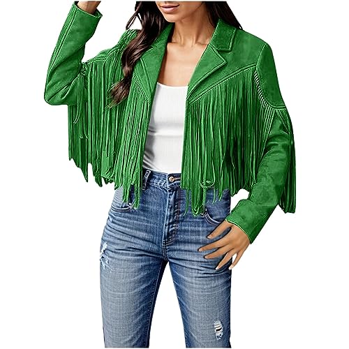 Damen Jacke mit Quasten Kunstleder Herbstjacke Strickjacke Mantel Faux Fransen Lederjacke Motorrad Kurzmäntel Crop Freizeit Fransenjacke Übergangsjacke Langarm Kurze Motorradjacke (01-Green, XXL) von Pursuit-W