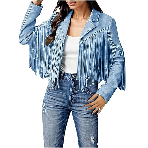 Damen Jacke mit Quasten Kunstleder Herbstjacke Strickjacke Mantel Faux Fransen Lederjacke Motorrad Kurzmäntel Crop Freizeit Fransenjacke Übergangsjacke Langarm Kurze Motorradjacke (01-Sky Blue, XXXL) von Pursuit-W