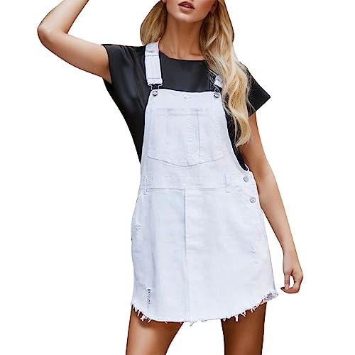 Damen Jeans Latzkleid Lose Latzrock Lang Trägerrock Elegant Knielang Jeansrock Overall Volant Jeanskleid A-Linie Kleid Entwerfen mit Verstellbaren Spagettiträgern mit Taschen (White, S) von Pursuit-W