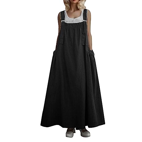 Damen Jeans Latzkleid Lose Latzrock Lang Trägerrock Elegant Knielang Jeansrock Overall Volant Jeanskleid A-Linie Kleid Maxikleid Loose Trägerkleid Hohltaschenkleid mit Taschen (0B-Black, XL) von Pursuit-W