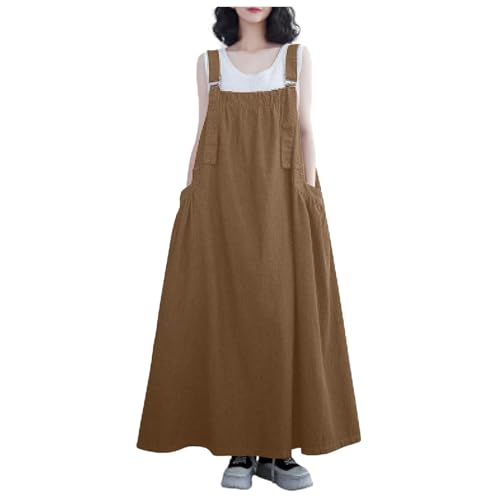 Damen Jeans Latzkleid Lose Latzrock Lang Trägerrock Elegant Knielang Jeansrock Overall Volant Jeanskleid A-Linie Kleid Maxikleid Loose Trägerkleid Hohltaschenkleid mit Taschen (0D-Brown, XXL) von Pursuit-W