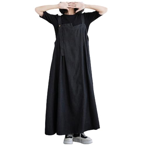 Damen Jeans Latzkleid Lose Latzrock Lang Trägerrock Elegant Knielang Jeansrock Overall Volant Jeanskleid A-Linie Kleid Maxikleid Loose Trägerkleid Hohltaschenkleid mit Taschen (0E-Black, XXL) von Pursuit-W