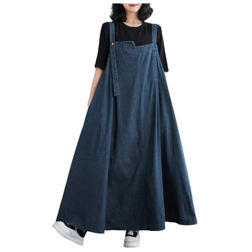 Damen Jeans Latzkleid Lose Latzrock Lang Trägerrock Elegant Knielang Jeansrock Overall Volant Jeanskleid A-Linie Kleid Maxikleid Loose Trägerkleid Hohltaschenkleid mit Taschen (0E-Blue, XXL) von Pursuit-W