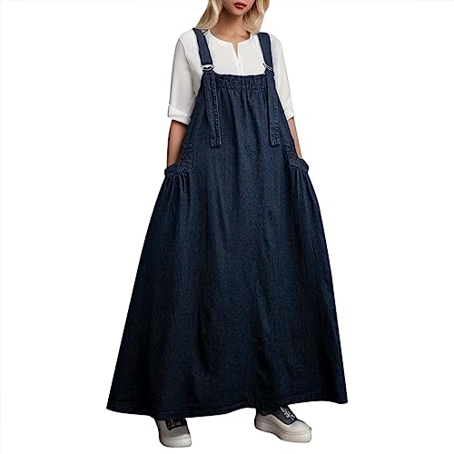 Damen Jeans Latzkleid Lose Latzrock Lang Trägerrock Elegant Knielang Jeansrock Overall Volant Jeanskleid A-Linie Kleid Maxikleid Loose Trägerkleid Hohltaschenkleid mit Taschen (1-Blue, L) von Pursuit-W