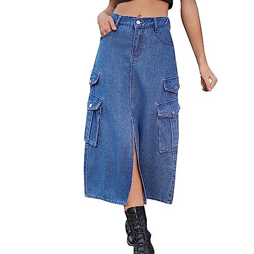 Damen Jeansrock Midi Jeans Rock Long Stretch Hohe Taille Sommerrock Bleistiftrock Sexy Mit Schlitz Skirt mit Knöpfen Röcke Denim Skirt Midirock mit Taschen Reißverschluss (Blue, M) von Pursuit-W