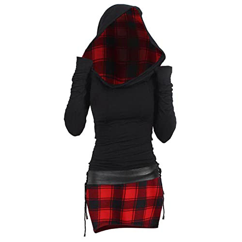 Damen Pulloverkleid Longpullover Mit Kapuze Herbst Winter Kleider Pullover Gothic Kleid Winterkleid Kapuzenpullover Hoodie Farbeblock Strickkleid Casual Langarm Minikleid Herbstkleid (03-Red, M) von Pursuit-W