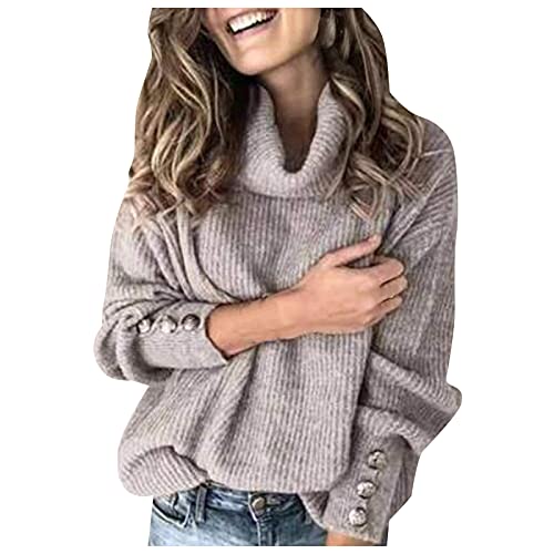 Damen Rollkragen Pullover Herbst Winter Strickpullover Langarm Rippstrick Pullover Lange Warm Rollkragenpullover Gestrickt mit Metallknöpfen Lose Casual Tunika Elegant Tops Pullis (03-Grey, XXXXL) von Pursuit-W