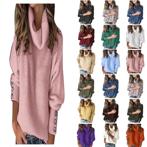 Damen Rollkragen Pullover Herbst Winter Strickpullover Langarm Rippstrick Pullover Lange Warm Rollkragenpullover Gestrickt mit Metallknöpfen Lose Casual Tunika Elegant Tops Pullis (04-Pink, M) von Pursuit-W