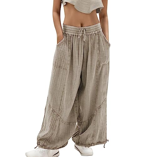 Damen Sommerhose Leicht Leinenhose Palazzo Dünne Hosen Sporthose Jogginghose Lässige Bequeme Wickelhose Luftige Baggy Cargohose Bein Hose Elegant Hose Yogahose Für Frauen mit Taschen (01-Grey, L) von Pursuit-W