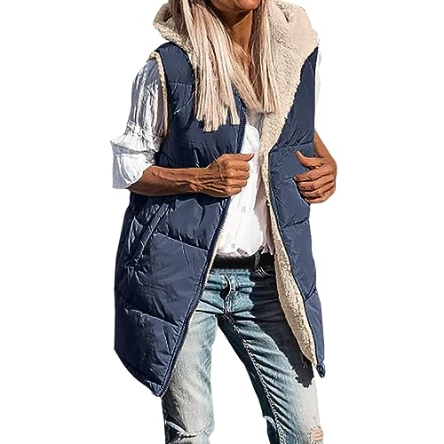 Damen Steppweste Lang Weste Warm Daunenweste Longweste Leichte mit Kapuze Ärmellose Jacke Großer Größe Outdoor Fleecejacke Wintermantel Daunenmantel Leichte Warm Übergangsweste Kapuzenweste (Navy, S) von Pursuit-W