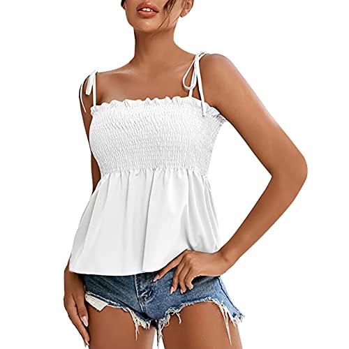 Damen Tshirt 2023 Sommer Tops Bluse Oberteil Camisole Weste ErhäLtlich äRmelloses Tank Top Schulter und Rüschen Strandtop Spaghetti Träger Einfarbig Schößchen Top von Pursuit-W