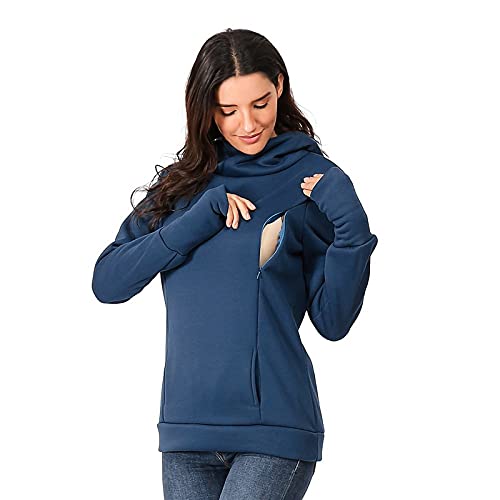 Damen Umstandsmode Still-Kapuzenpullover Stillpullover Umstandspullover Winter Mutterschaft Kapuzenpullover Hoodie Warm Nursing Stillshirt Still Pullover mit Kapuze für Schwangere (01-Blue, M) von Pursuit-W