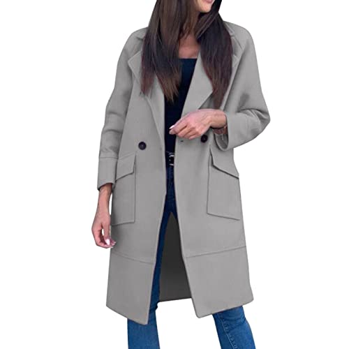 Damen Wintermantel Wollmantel Lang Mantel Herbst und Winter Winddichter Jacke Elegant Einfarbige Ubergangsmantel Warm Trenchcoat Leicht Steppmantel Herbstmantel Winterjacke mit Reverskragen (Grey, XL) von Pursuit-W