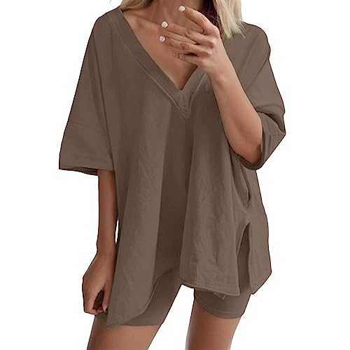 Damen Zweiteilige Sommer Langarm Tshirt und Shorts Set Blusen Einfarbig Baumwolle Shirt V-Ausschnitt Tops Sporthose 2 Teiler Elegant Outfit Freizeitanzug Streetwear Sportbekleidung (Brown, L) von Pursuit-W