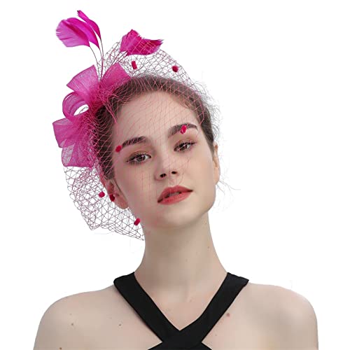 Faszinator Damen Hut, Schleier Mesh Stirnband, Kirche Haarschmuck, Hochzeit Mesh Stirnband, Fascinator Braut Kopfschmuck, Cocktail Headwear, Hochzeit Mesh Stirnband mit Federn (Hot Pink, One Size) von Pursuit-W