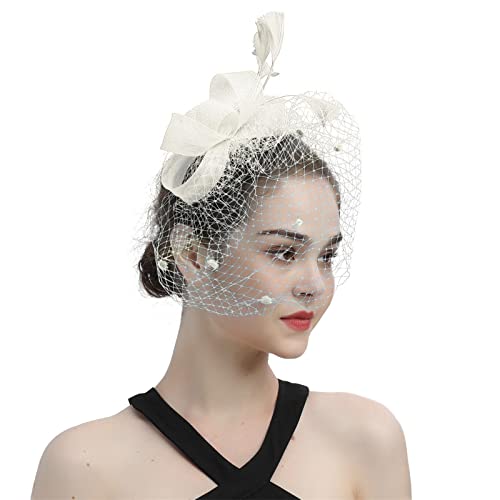 Faszinator Damen Hut, Schleier Mesh Stirnband, Kirche Haarschmuck, Hochzeit Mesh Stirnband, Fascinator Braut Kopfschmuck, Cocktail Headwear, Hochzeit Mesh Stirnband mit Federn Blumen (A, One Size) von Pursuit-W