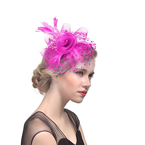 Faszinator Damen Hut, Schleier Mesh Stirnband, Kirche Haarschmuck, Hochzeit Mesh Stirnband, Fascinator Braut Kopfschmuck, Cocktail Mesh Headwear, Hochzeit Stirnband mit Federn (01-Hot Pink, One Size) von Pursuit-W