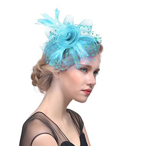 Faszinator Damen Hut, Schleier Mesh Stirnband, Kirche Haarschmuck, Hochzeit Mesh Stirnband, Fascinator Braut Kopfschmuck, Cocktail Mesh Headwear, Hochzeit Stirnband mit Federn (01-Sky Blue, One Size) von Pursuit-W