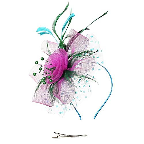 Faszinator Damen Hut, Schleier Mesh Stirnband, Kirche Haarschmuck, Hochzeit Mesh Stirnband, Fascinator Braut Kopfschmuck, Cocktail Mesh Headwear, Hochzeit Stirnband mit Federn (02-Hot Pink, One Size) von Pursuit-W