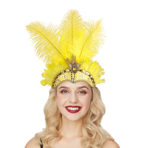 Feder Haarreif,Maskerade Party Mardi Haar Krawatten Feder Haar Zubehör Haar Krawatten Kopfbedeckungen,für Kostüm Erwachsene Kinder Abschlussball Karneval (02-Yellow, One Size) von Pursuit-W