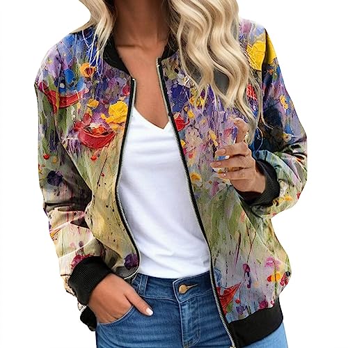 Pursuit-W Blouson Damen Jacke Sommer Bomberjacke Leichte Blumenmuster Damenjacke Langarm Stehkragen Casual College Fliegerjacke Dünne Übergangsjacke Coat Mit Reißverschluss (0A-Watermelon Red, S) von Pursuit-W