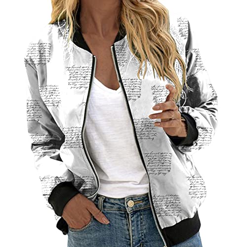 Pursuit-W Blouson Damen Jacke Sommer Bomberjacke Leichte Blumenmuster Damenjacke Langarm Stehkragen Casual College Fliegerjacke Dünne Übergangsjacke Coat Mit Reißverschluss (0B-White, M) von Pursuit-W
