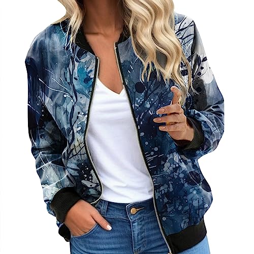 Pursuit-W Blouson Damen Jacke Sommer Bomberjacke Leichte Blumenmuster Damenjacke Langarm Stehkragen Casual College Fliegerjacke Dünne Übergangsjacke Coat Mit Reißverschluss (0G-Grey, M) von Pursuit-W
