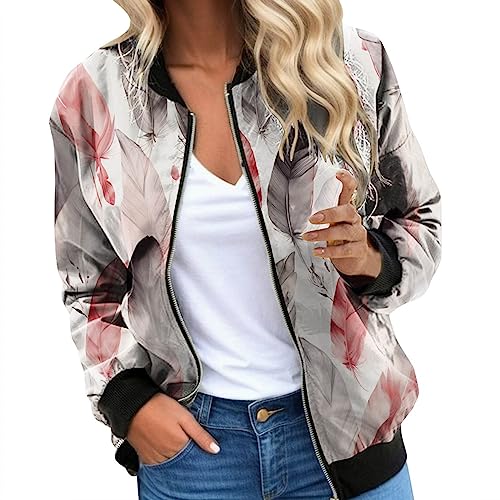 Pursuit-W Blouson Damen Jacke Sommer Bomberjacke Leichte Blumenmuster Damenjacke Langarm Stehkragen Casual College Fliegerjacke Dünne Übergangsjacke Coat Mit Reißverschluss (XXL) von Pursuit-W