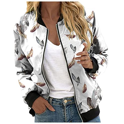 Pursuit-W Blouson Damen Jacke Sommer Bomberjacke Leichte Blumenmuster Damenjacke Langarm Stehkragen Casual College Fliegerjacke Dünne Übergangsjacke Coat Mit Reißverschluss (0D-White, XL) von Pursuit-W