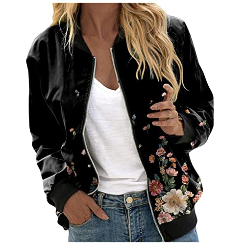Pursuit-W Blouson Damen Jacke Sommer Bomberjacke Leichte Blumenmuster Damenjacke Langarm Stehkragen Casual College Fliegerjacke Dünne Übergangsjacke Coat Mit Reißverschluss (L) von Pursuit-W