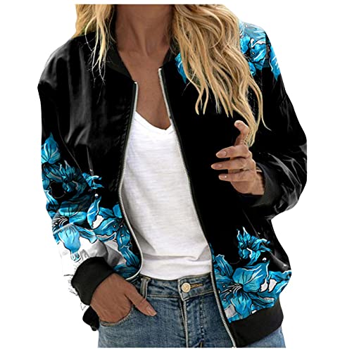 Pursuit-W Bomberjacke Damen Blouson Jacke Leicht Casual Stehkragen Blumenmuster Langarm Lässige Reißverschluss Stehkragen Outwear Coat Sommer Herbst Übergangsjacke Taschen Frauen Mantel (0D-Black, M) von Pursuit-W