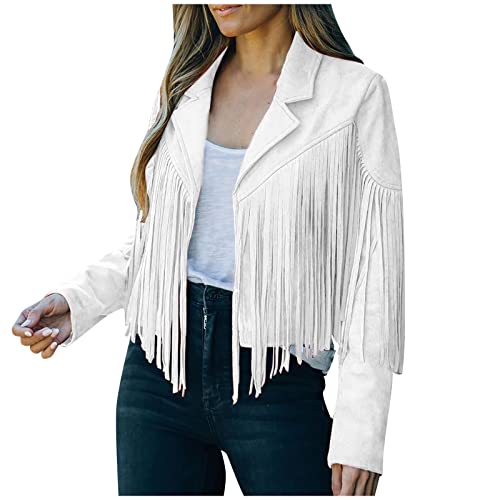 Pursuit-W Damen Fransen Jacke Offene Front Strickjacke Fransenmantel Crop im Cowboy Einfarbig Herbstjacke Langarm Übergangsjacke Slim Faux Hippie MotorBikerStrickjacke Tops Mit Quasten (White, L) von Pursuit-W