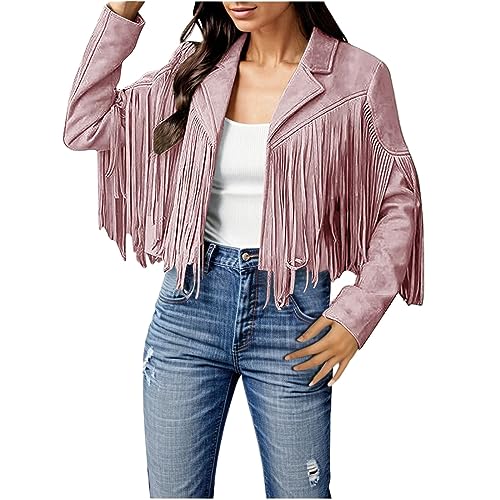 Pursuit-W Damen Fransen Jacke Offene Front Strickjacke Fransenmantel Crop im Cowboy Einfarbig Herbstjacke Langarm Übergangsjacke Slim Faux Hippie MotorBikerStrickjacke Tops Mit Quasten (x1-Pink, XL) von Pursuit-W