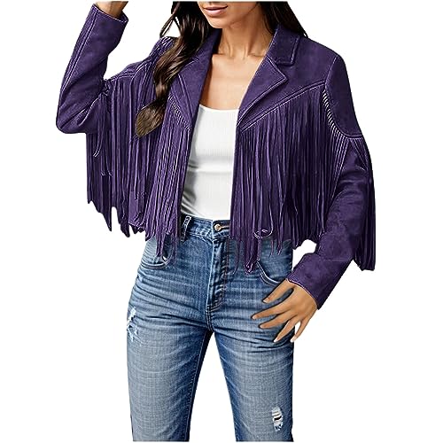 Pursuit-W Damen Fransen Jacke Offene Front Strickjacke Fransenmantel Crop im Cowboy Einfarbig Herbstjacke Langarm Übergangsjacke Slim Faux Hippie MotorBikerStrickjacke Tops Mit Quasten (x1-Purple, M) Pursuit-W Damen Fransen Jacke Offene Front Strickjacke Fransenmantel Crop im Cowboy Einfarbig Herbstjacke Langarm Übergangsjacke Slim Faux Hippie MotorBikerStrickjacke Tops Mit Quasten (x1-Purple, M) von Pursuit-W