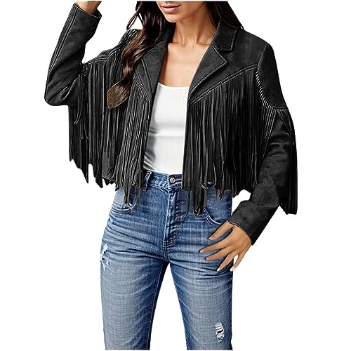 Pursuit-W Damen Fransen Jacke Offene Front Strickjacke Fransenmantel Crop im Cowboy Einfarbig Herbstjacke Langarm Übergangsjacke Slim Faux Hippie MotorBikerStrickjacke Tops Mit Quasten (x2-Black, M) von Pursuit-W