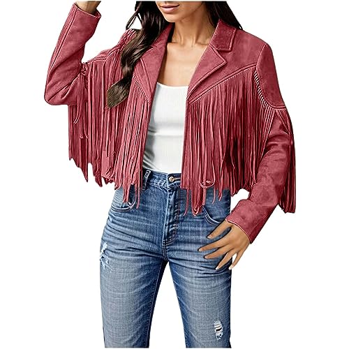 Pursuit-W Damen Fransen Jacke Offene Front Strickjacke Fransenmantel Crop im Cowboy Einfarbig Herbstjacke Langarm Übergangsjacke Slim Faux Hippie MotorBikerStrickjacke Tops Mit Quasten (x2-Red, M) von Pursuit-W