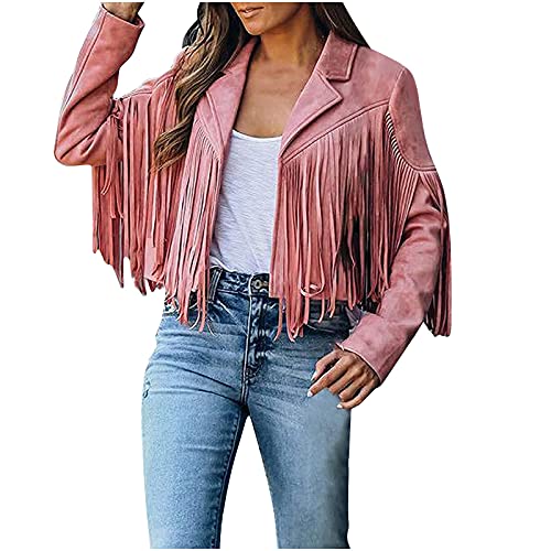 Pursuit-W Damen Fransen Jacke Offene Front Strickjacke Fransenmantel Crop im Cowboy Einfarbig Herbstjacke Langarm Übergangsjacke Slim Faux Hippie MotorBikerStrickjacke Tops Mit Quasten (x3-Pink, M) von Pursuit-W