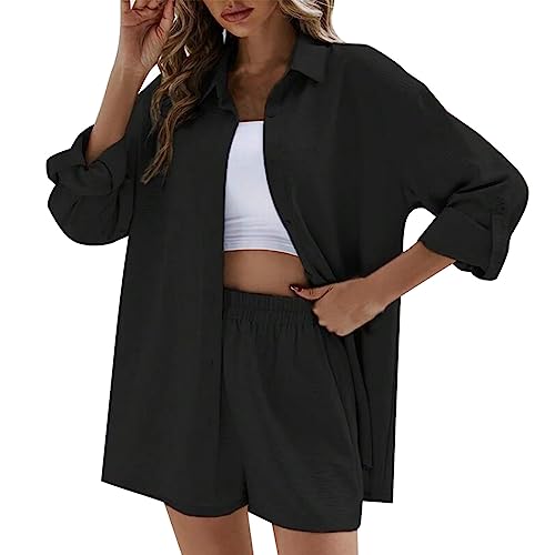 Pursuit-W Damen Zweiteiler Outfit Sommer Plissee Elegant 2 Teiler Musselin Bluse Freizeit Baumwolle für Frauen Streetwear Oversize Tracksuit High Waist Shorts Shirt Set Mit Knopfleiste Kordelzug von Pursuit-W