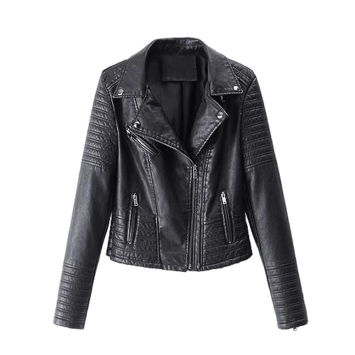 Pursuit-W Jacke Damen Kunstleder Lederjacke Motorjacke Lederimitat Mantel mit Reißverschluss Bikerjacke Mantel Leichte Übergangsjacke Bikerjacke Motorradjacke Fahrradjacke Oberbekleidung (Black, L) von Pursuit-W
