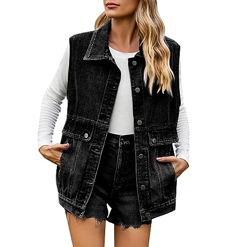 Pursuit-W Jeansweste Damen Ärmellos Jeansjacke Lange Oversized Denim Jeans Weste Locker Jeansmantel Jacke Mantel mit Taschen Plus Size Freizeit Sommer Frühling Strickjacke Top Outwear (A-Grey, M) von Pursuit-W