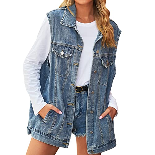 Pursuit-W Jeansweste Damen Ärmellos Jeansjacke Lange Oversized Denim Jeans Weste Locker Jeansmantel Jacke Mantel mit Taschen Plus Size Freizeit Sommer Frühling Strickjacke Top Outwear (Blue, S) von Pursuit-W