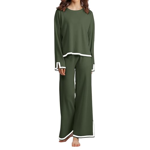 Pursuit-W Schlafanzug Damen Lang Baumwolle Zweiteiliger Winter Pyjamas Set Langarm Nachtwäsche Hausanzug Pullover Oberteil+ Weites Bein Hose Trainings-Set Sleepwear Outfit 2-teiliges (Green, XL) von Pursuit-W