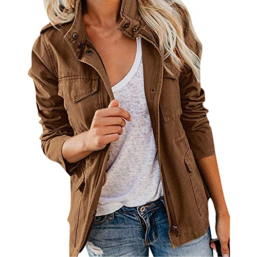 Pursuit-W Sommerjacke Damen Leicht Blouson Sommer Leichte Herbstjacke Langarm Trenchcoat Damenjacke Übergangsjacke Stehkragen Trickjacke Mehr Boyfriend Jacket mit Taschen Reißverschluss (01-Brown, L) Pursuit-W Sommerjacke Damen Leicht Blouson Sommer Leichte Herbstjacke Langarm Trenchcoat Damenjacke Übergangsjacke Stehkragen Trickjacke Mehr Boyfriend Jacket mit Taschen Reißverschluss (01-Brown, L) von Pursuit-W