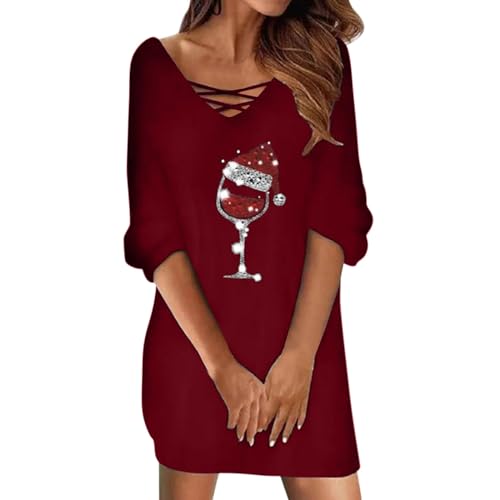 Pursuit-W Weihnachtskleid Damen Weihnachten Rot Weinglas Druck Weihnachtskleider Minikleid Sexy Mesh Partykleid Rundhals Kleid Langarm Kleider Herbst Winter Christmas Festkleid Pullover (03-Red, L) von Pursuit-W