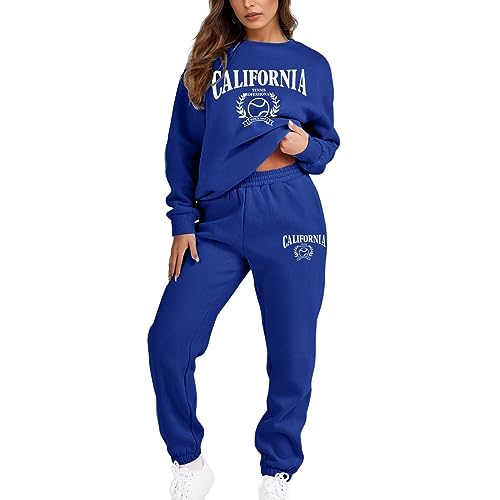 Pursuit-W Zweiteiler Jogginganzug Damen Herbst Set Hausanzug Langarmpullover Rundhals Sweatshirt +Jogginghose Hose Sportanzug Damen-jogginganzüge Trainingsanzug Homewear Freizeitanzug (Blue, L) von Pursuit-W