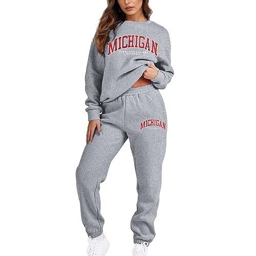 Pursuit-W Zweiteiler Jogginganzug Damen Herbst Set Hausanzug Langarmpullover Rundhals Sweatshirt +Jogginghose Hose Sportanzug Damen-jogginganzüge Trainingsanzug Homewear Freizeitanzug (Grey, M) von Pursuit-W