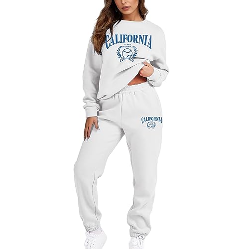 Pursuit-W Zweiteiler Jogginganzug Damen Herbst Set Hausanzug Langarmpullover Rundhals Sweatshirt +Jogginghose Hose Sportanzug Damen-jogginganzüge Trainingsanzug Homewear Freizeitanzug (White, M) von Pursuit-W