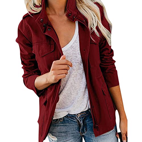 Sommerjacke Damen Leicht Blouson Sommer Leichte Herbstjacke Langarm Trenchcoat Damenjacke Übergangsjacke Stehkragen Trickjacke Mehr Boyfriend Jacket mit Taschen Reißverschluss (01-Wine, XXL) von Pursuit-W