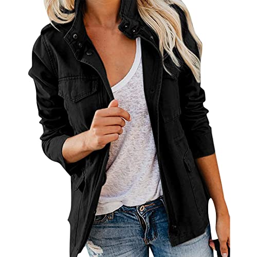 Sommerjacke Damen Leicht Blouson Sommer Leichte Herbstjacke Langarm Trenchcoat Damenjacke Übergangsjacke Stehkragen Trickjacke Mehr Boyfriend Jacket mit Taschen Reißverschluss (02-Black, XL) von Pursuit-W